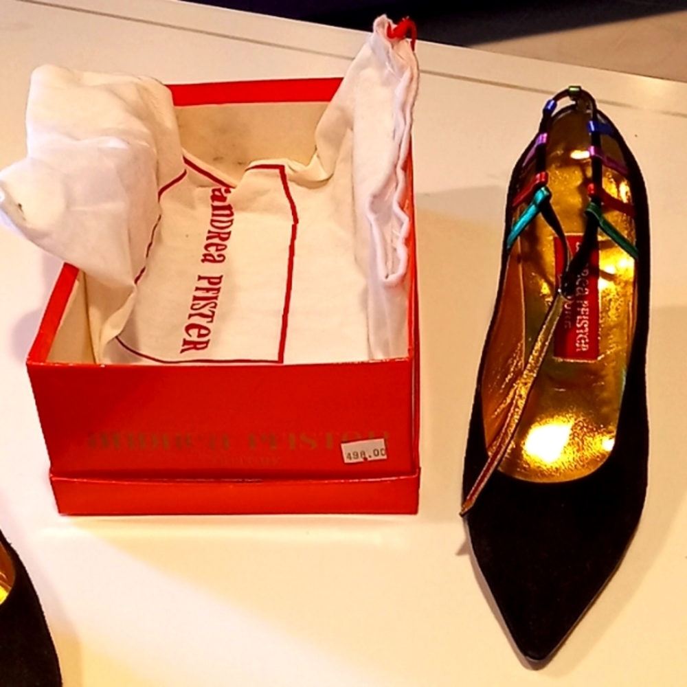 Pair of Andrea Pfister heels, black suede with red heel, size 8.5